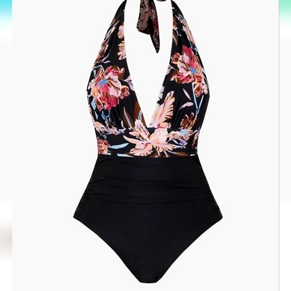 Cupshe Classic Plunge Halter Tummy Control One Piece Swimsuit with Floral Print - Picture 3 of 5